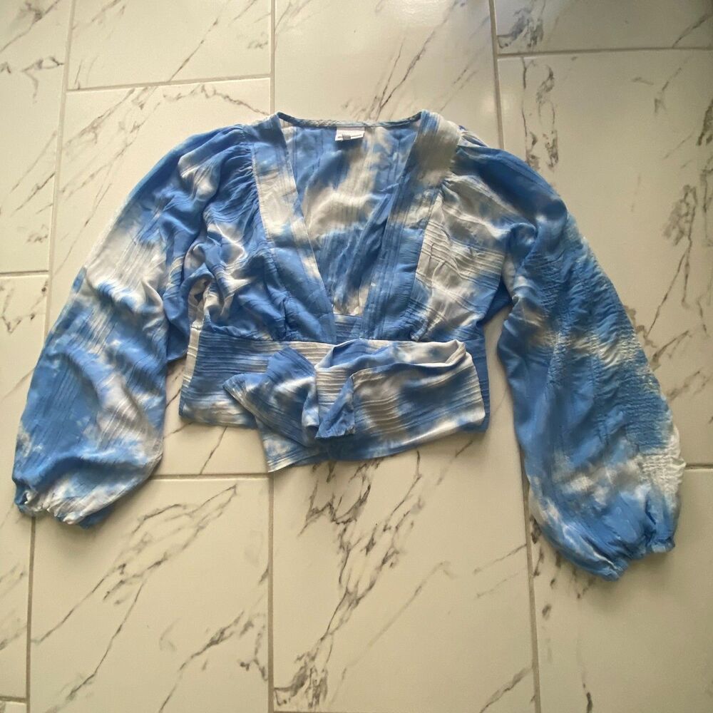 Skylar Madison Womens M Blue White Tie Dye Cropped Balloon Sleeve Front Tie Blou